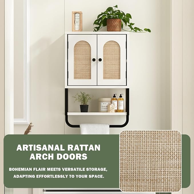 RUSTOWN Rattan Bathroom Wall Cabinet, Boho Over The Toilet Storage Cabinet - Image 6