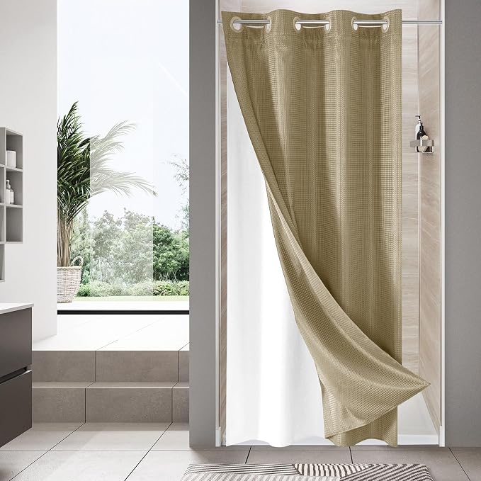 MitoVilla Beige Waffle Small Stall Shower Curtain Liner Set 36 x 74, No Hooks by MitoVilla