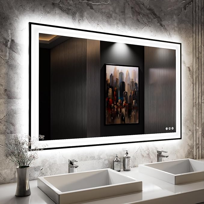 ISKM Framed LED Mirror for Bathroom 48"x30", Dimmable LED Bathroom Mirror by ISKM-IStillKeepMovin