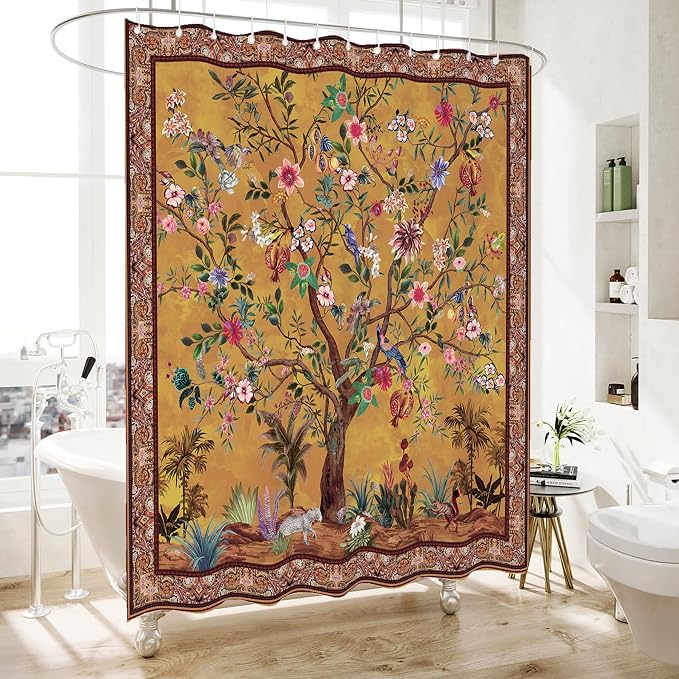 Bohemian Shower Curtain, Boho Floral Print Water Repellent Polyester Fabric - Image 2
