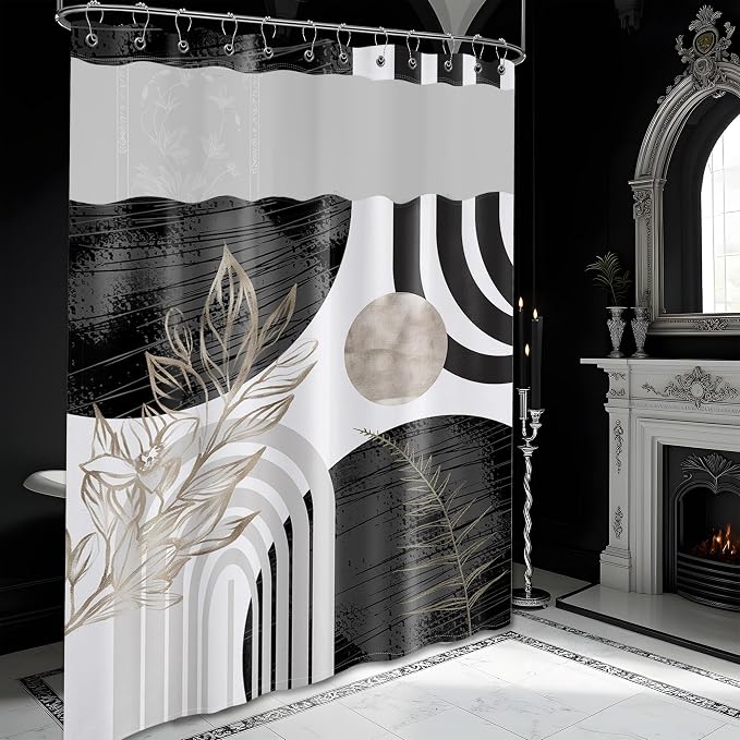 Black and White Boho See Through Mesh Top Shower Curtain - Image 2