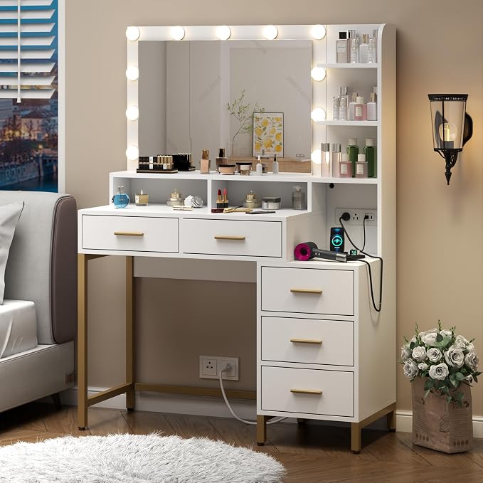 Loomie Large Makeup Table with Lighted Mirror & Power Outlet, Vanity Desk with - Image 8