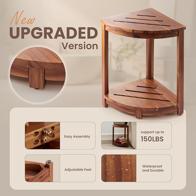 HOLANA 18" Wood Corner Shower Bench & Corner Shower Stool - Image 3