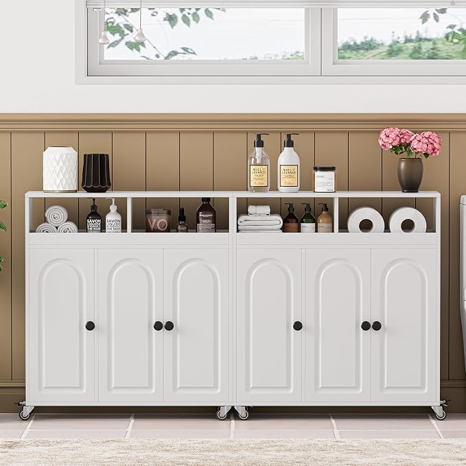 Bathroom Storage Cart with Doors，3-Door Cabinet & Divided Open Shelf，Rolling - Image 7