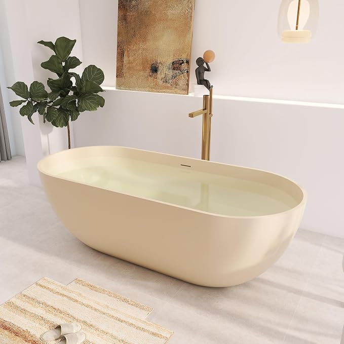 69" Premium Cream Stone Resin Solid Surface Free Standing Bathtub, Unique Matte - Image 6