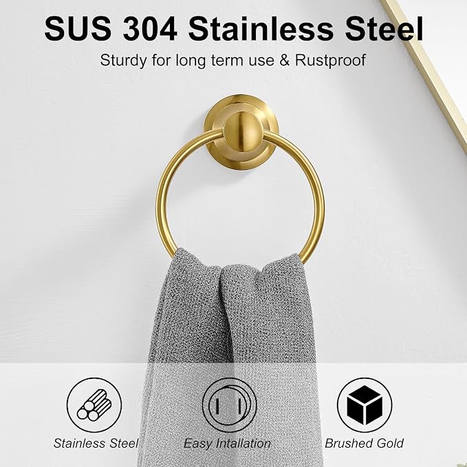 BESy Brushed Gold Bathroom Hand Towel Ring Towel Holder, Rustproof Wall Mounted - Image 2