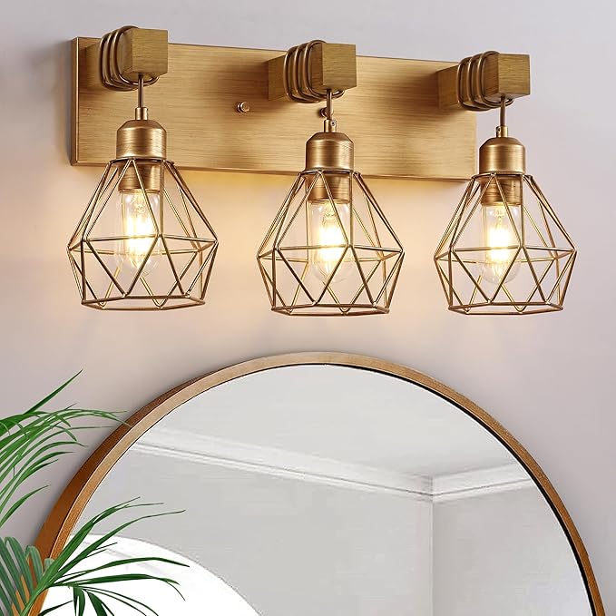 Farmhouse Bathroom Light Fixtures, 3-Light Gold Bathroom Vanity Light, Rustic - Image 8