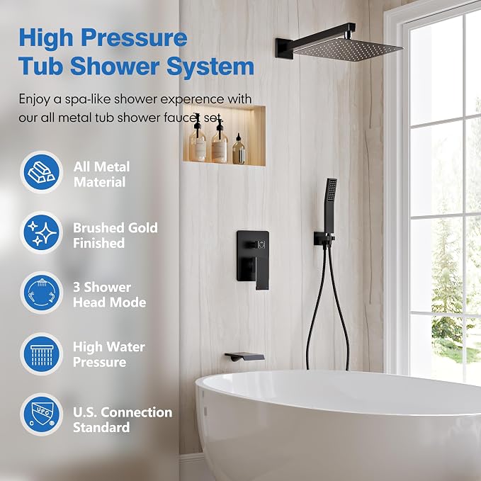 Shower System with Tub Spout, All Metal Tub Shower Faucet Set with 10'' Rain - Image 2