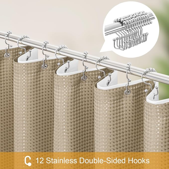 3 in 1 Long Beige Shower Curtain Set-72 W x 78 H, Tan Waffle and PEVA Liner Set - Image 3