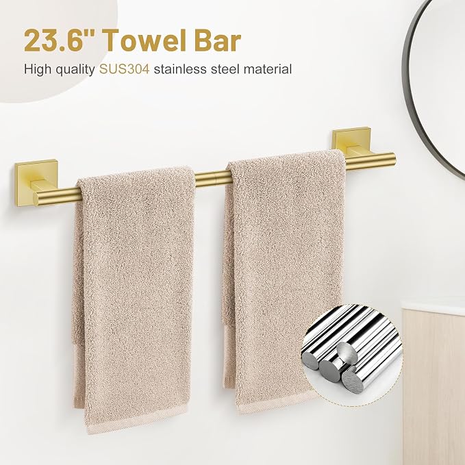 5 Pieces Bathroom Hardware Set Brushed Gold Towel Bar Set Includes 23.6” Towel - Image 2