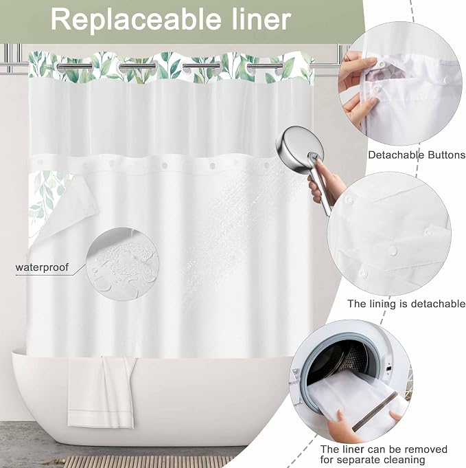 No Hook Shower Curtain and Liner Set, Light Green Eucalyptus Floral Shower - Image 3