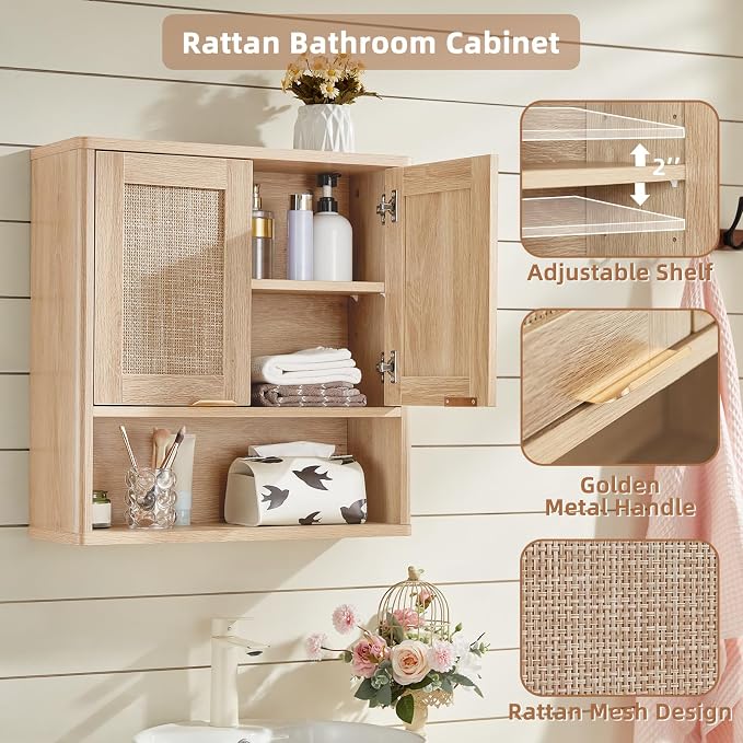 LEYAOYAO Rattan Bathroom Wall Cabinet, Boho Medicine Cabinet - Image 3