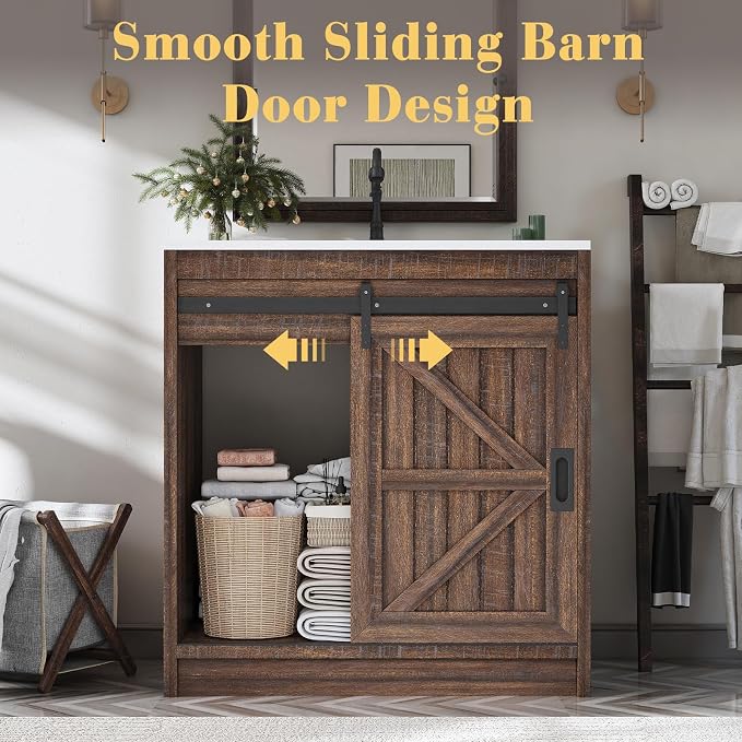 31" Farmhouse Sliding Barn Door Bathroom Vanity - Image 7