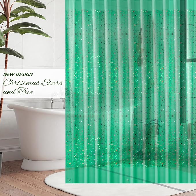 Green Holographic 3D EVA Shower Curtain Liner Glitter Star, 72x72 Premium Light - Image 2