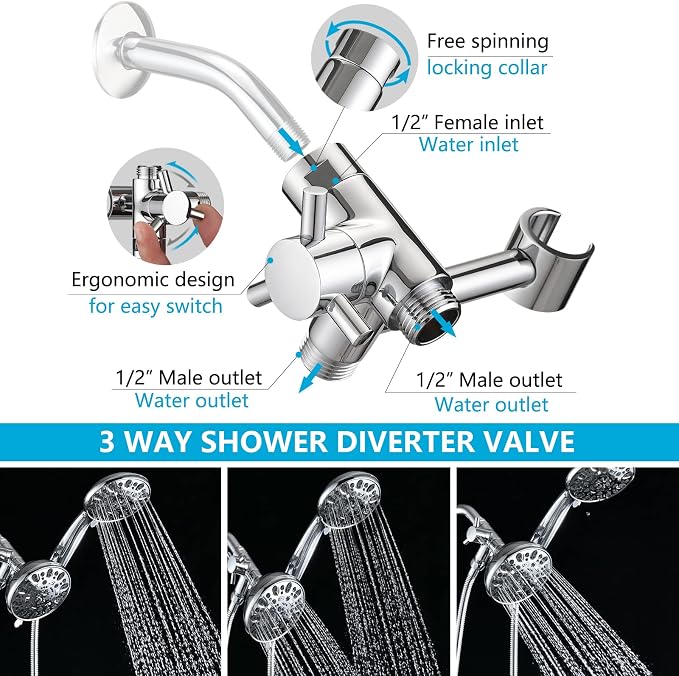 PDPBath Solid Brass Shower Arm 3 Way Shower Diverter Valve - Image 2