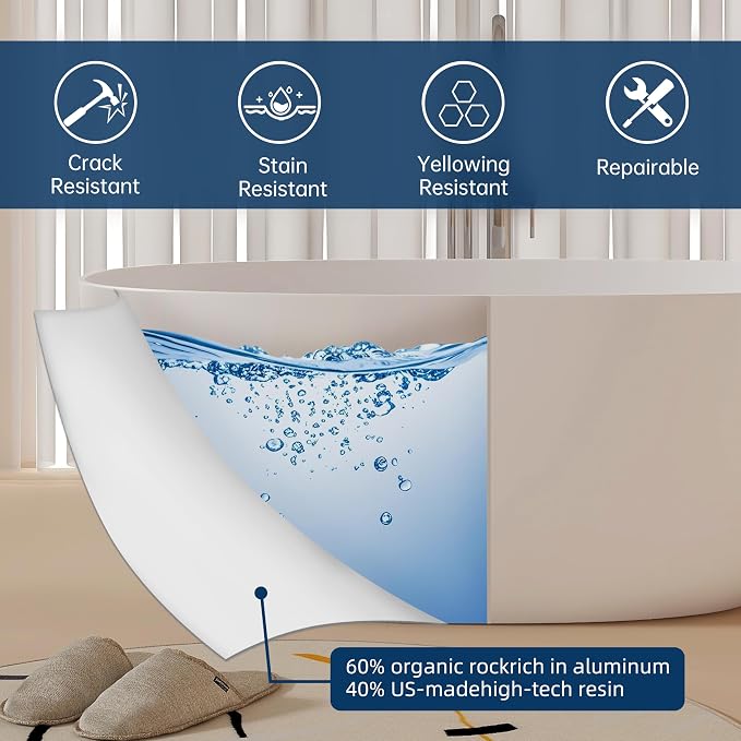 59'' Stone Resin Freestanding Bathtub, Bathroom Solid Surface Tub Bathtubs - Image 8