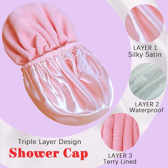Shower Cap Reusable Waterproof, Terry Lined Shower Caps - Image 2