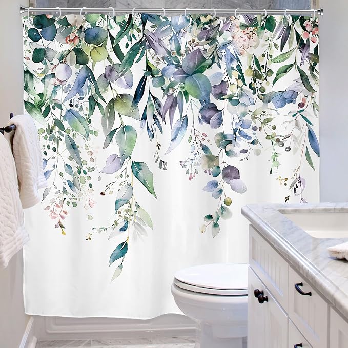 Riyidecor Teal Shower Curtain for Bathroom Decor 72Wx72H Eucalyptus Leaves - Image 5