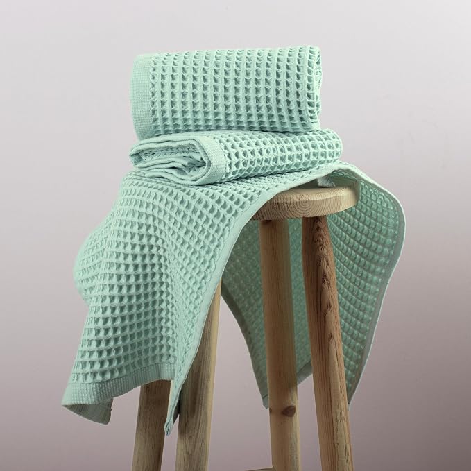 PÜSKÜL Organic Waffle Kitchen Towel 100% Turkish Cotton Set of 3 Ice Green - Image 7