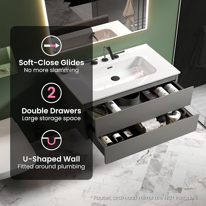 36" Bathroom Vanity with Sink, Modern Floating Vanity with Double Soft-Closing - Image 6