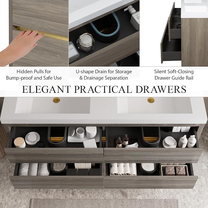 60" Wall-Mounted Bathroom Vanity, Double Sink Floating Cabinet - Image 4
