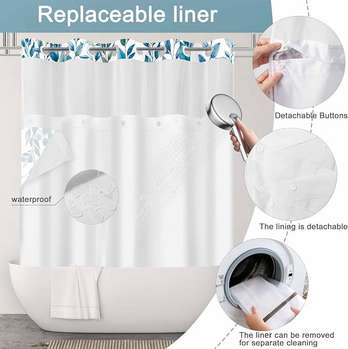 No Hook Shower Curtain and Liner Set, Dark Blue Eucalyptus Floral Shower - Image 4