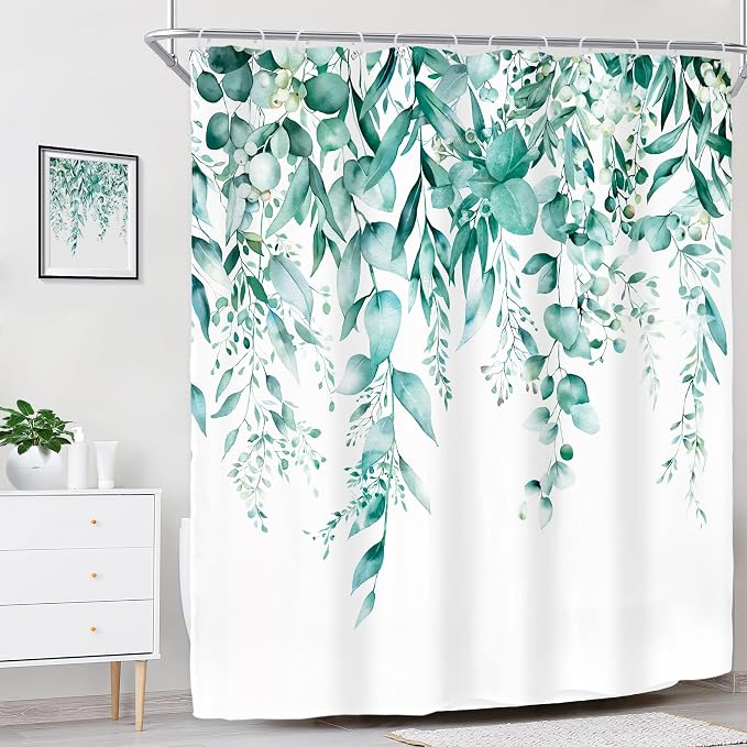 Riyidecor Teal Eucalyptus Leaves Shower Curtain - Image 2