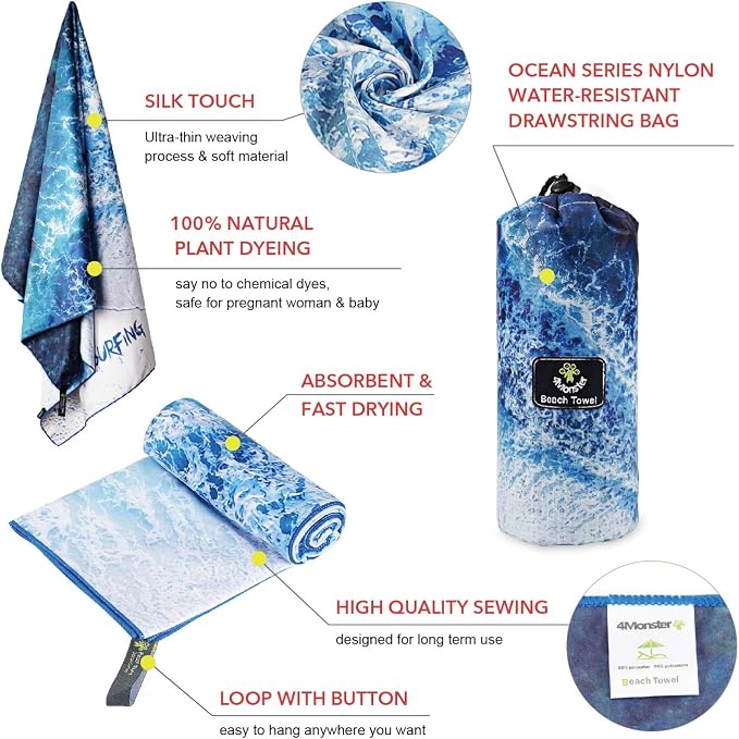 4Monster Microfiber Beach Towel Quick Dry, Super Absorbent Lightweight Travel - Image 3