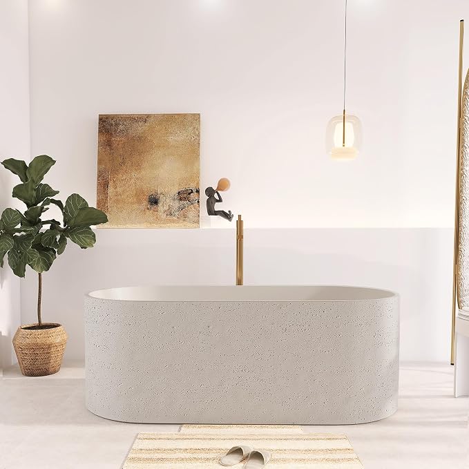 63" Premium Travertine Solid Surface Freestanding Bathtub, Unique Matte by HIGEINE