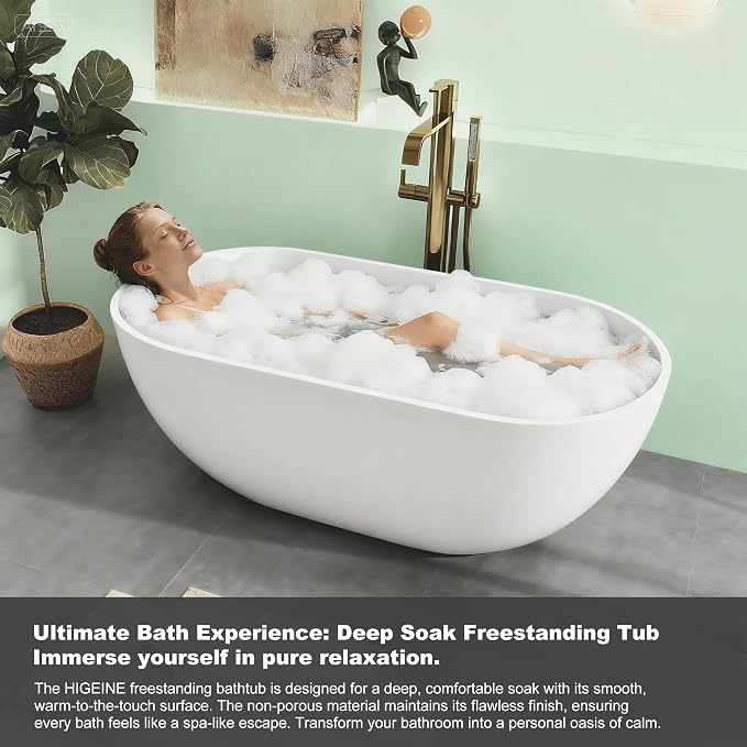 69" Premium Solid Surface Freestanding Bathtub, Oval Stone Resin Tub - Image 3