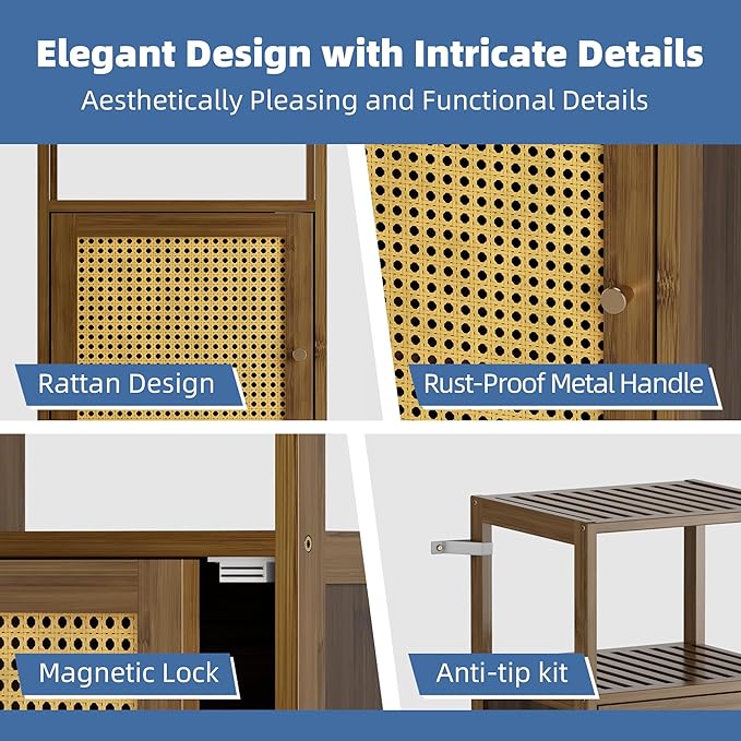 HITNET Rattan Bathroom Floor Cabinet, Bamboo Storage Cupboard - Image 4