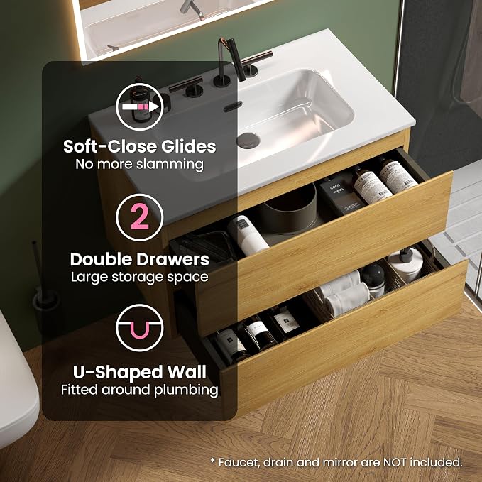 30" Bathroom Vanity with Sink, Modern Floating Vanity with Double Soft Closing - Image 5
