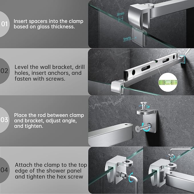 Frameless Shower Door Support Bar, Stainless Steel Wall-to-Glass Support Arm to - Image 4