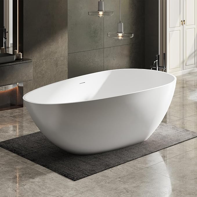 63 Inch Stone Resin Freestanding Bathtub, Modern Oval Soaking Bathtubs Tubs by Zevemomo