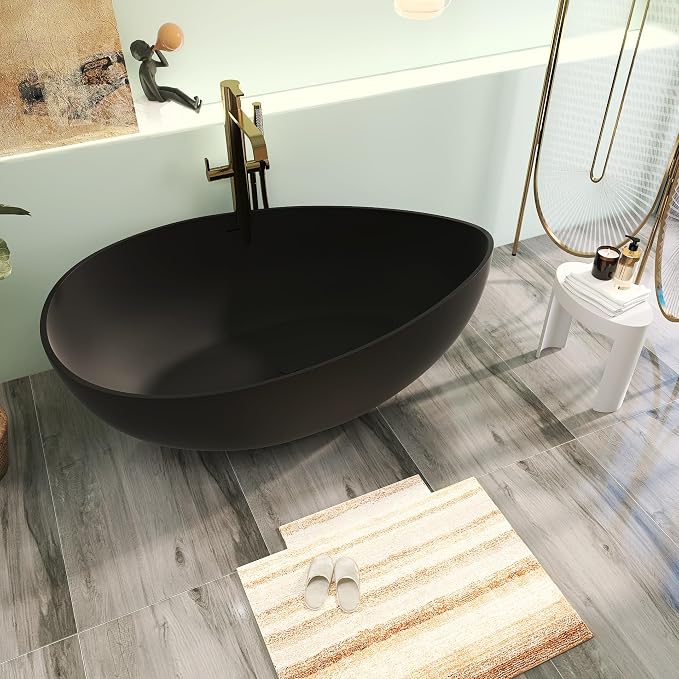 63" Premium Solid Surface Freestanding Bathtub, Contemporary Design Stand Alone - Image 2