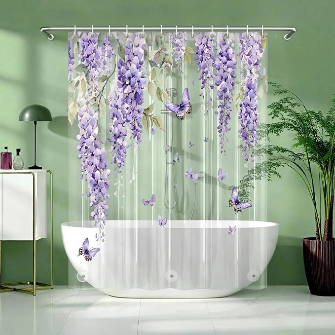 Clear Purple Floral Lavender Butterfly Shower Curtain, Plastic Transparent Cute by CAPQL