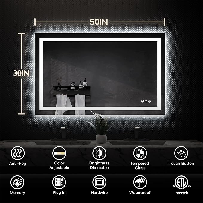 ISKM 50'' x 30'' LED Mirror for Bathroom Lighted Vanity Mirror for Wall Front - Image 10