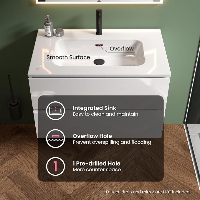 30" Bathroom Vanity with Sink, Modern Floating Vanity with Double Soft Closing - Image 5