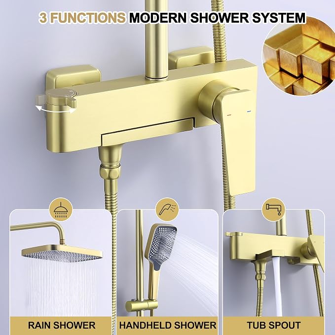 Shower Systems with 12 x8 Inches Rain Shower Head, Brushed Gold Exposed Pipe - Image 3