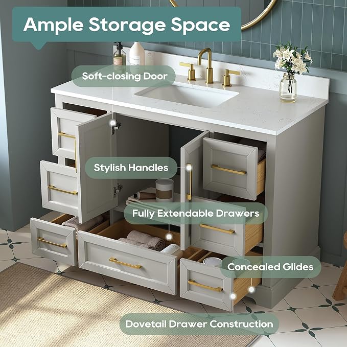 48 Inch Bathroom Vanity with Sink Combo, Solid Wood Frame with Mable Top - Image 7