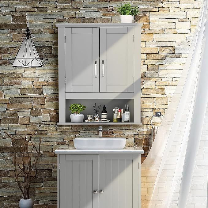 VINGLI Medecine Cabinet with 2 Doors Bathrooom Wall Cabinet Grey Over The - Image 2