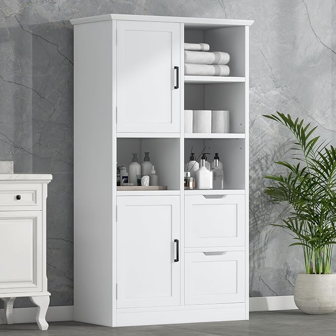 Tall Wide Storage Cabinet with 2 Doors, 2 Drawers, and Adjustable Shelves - Image 3