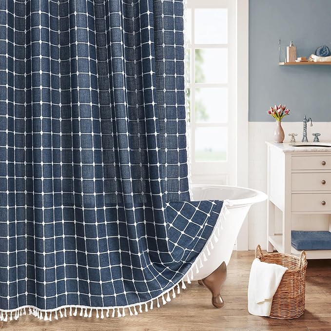 MitoVilla Navy Blue 72 x 78 Farmhouse Shower Curtain, Boho 78 inch Long by MitoVilla