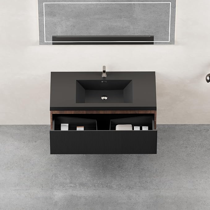 42'' Modern Floating Bathroom Vanity Sink Combo, Wall-Mounted Striped Cabinet - Image 8