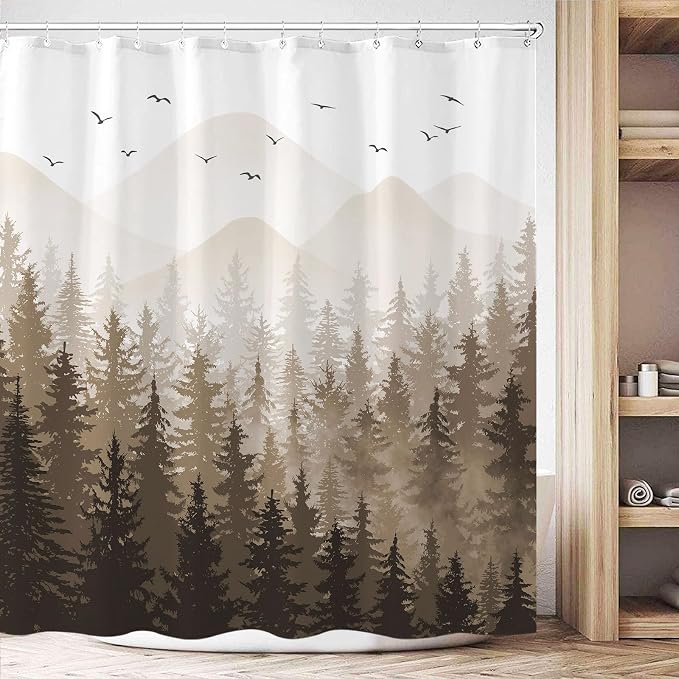 Aipon Brown Misty Forest Shower Curtain Ombre Nature Tree Plants Shower - Image 4