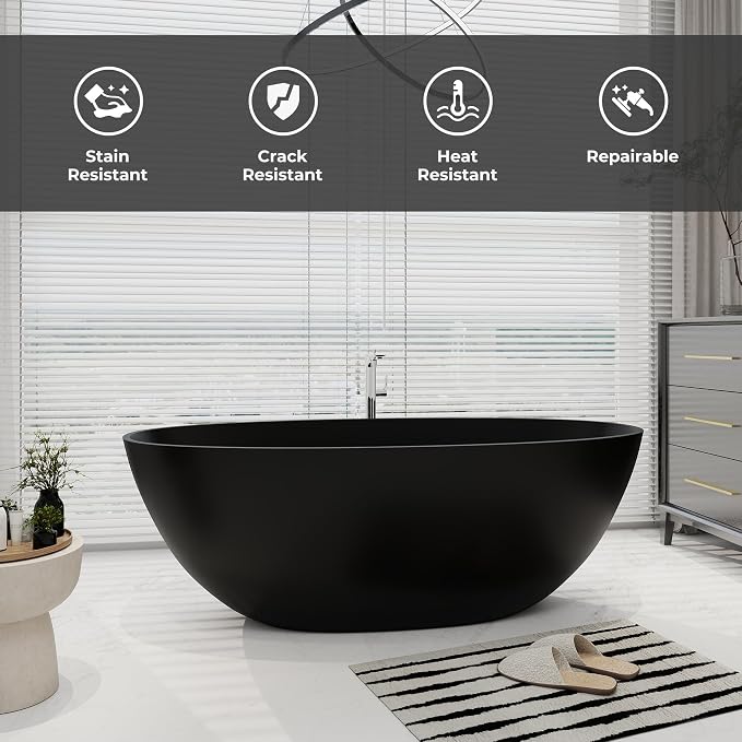 SJ STAR&JANE 65" Solid Surface Freestanding Bathtub, Oval Soaking Stone Resin - Image 3