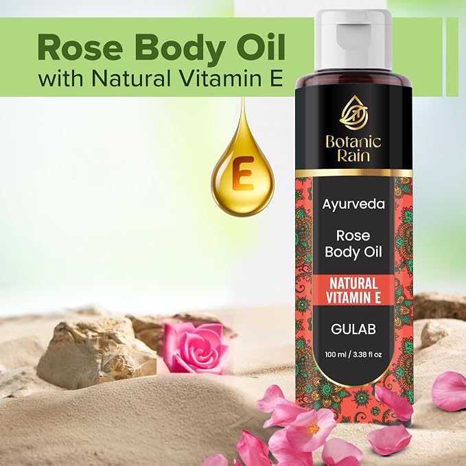 Ayurveda Rose Body Oil, Moisturizing & Hydrating Organic Vitamin E Oil - Image 2