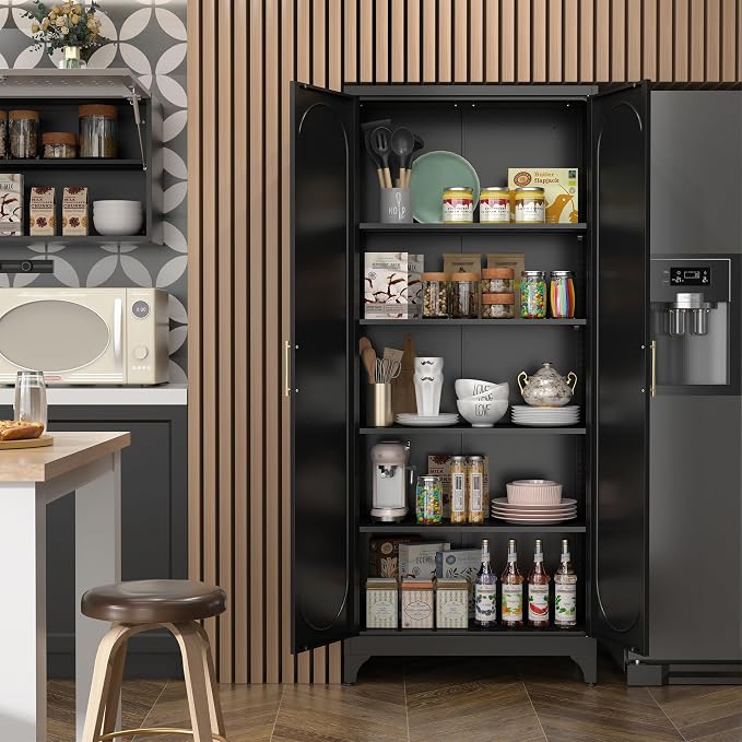 Kitchen Pantry Cabinet, 75 Inch Black Metal Storage Cabinet - Image 2