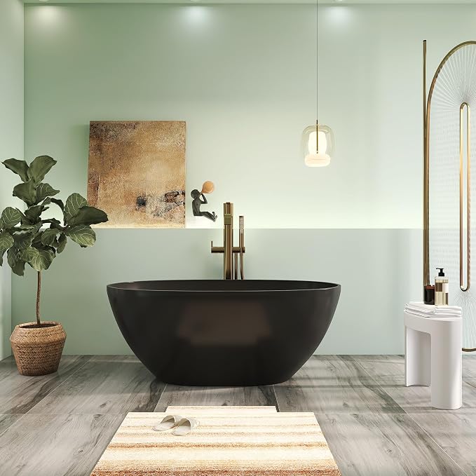 55" Premium Solid Surface Freestanding Bathtub, Upgraded Oval Stone Resin Tub by HIGEINE