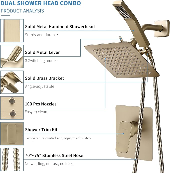 All Metal Shower Faucet Set, Dual Square Shower Head System - Image 6